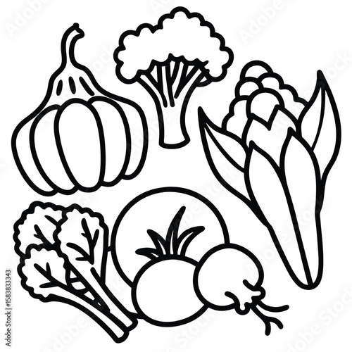 Collection of hand drawn vegetables including broccoli cauliflower tomato and pumpkin isolated on white background