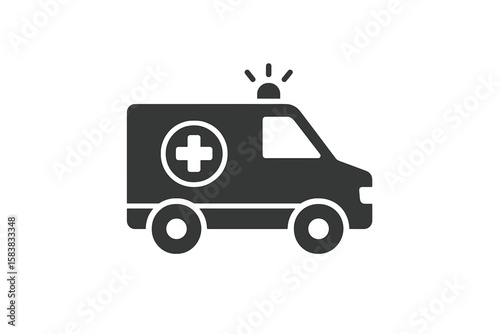 Ambulance icon for medical emergency. Hospital rescue vehicle symbol. Paramedic first aid transport sign. Healthcare medicine pictogram silhouette. Simple flat glyph design.