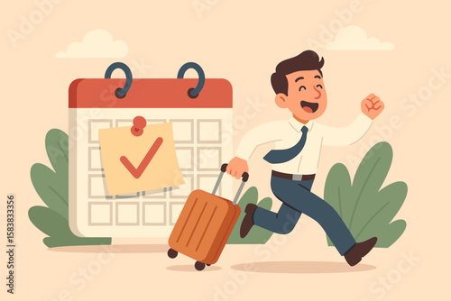 Annual leave vacation concept. Happy businessman taking a day off to rest and relax from hard work. Employee running with luggage, escaping work schedule calendar.