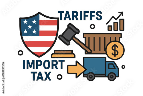 US tariffs and import tax policy concept. American government trade war and domestic market protectionism. Finance, law, and economic sanction metaphor vector illustration.