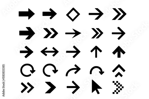 Big set of black arrow icons. Modern simple arrows vector collection for user interface, web design, and infographics. Includes cursor, reload, and direction pointers.
