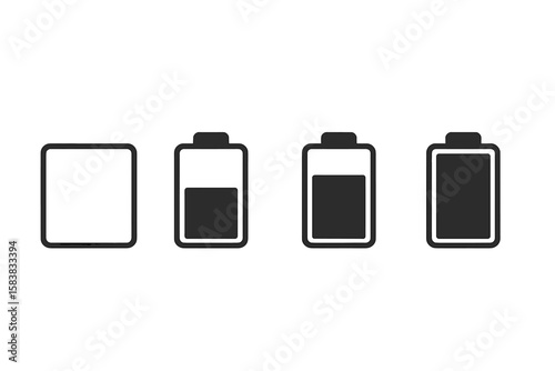Battery charge level indicator icon set. Vector illustration of full, half, and empty power status symbols for mobile phone, UI, UX, and web design graphic elements.