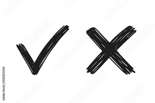 Hand drawn check mark and cross icon set. Doodle sketch style tick and X symbols. Yes and no vote sign. Correct and incorrect choice button. Vector illustration isolated.