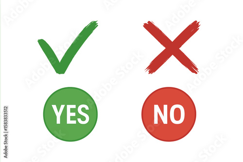 Hand-drawn green check mark and red cross symbols. Yes and No web buttons. Grunge brush stroke tick and X icons for voting, decision, or survey. Accept and reject signs.