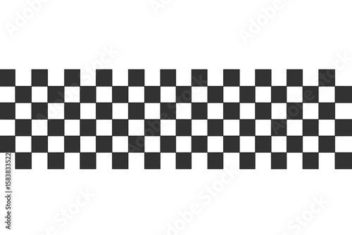 Checkered pattern banner for a seamless chessboard or checkerboard texture. Wide checker grid background. Black and white geometric square shapes for a race flag design.