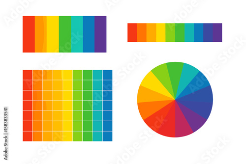 Rainbow color wheel and palette set. Collection of color spectrum swatches, vibrant gradients, and charts for graphic design. Infographic element and color guide tool vector.