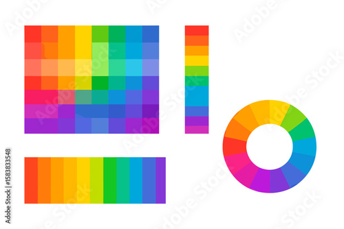 Color palette set with gradation charts and diagrams. Rainbow multicolored round element, color wheel spectrum guide. Vector illustration for graphic design and art projects.