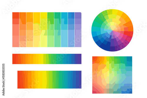 Color palette set, color wheel, and rainbow spectrum gradients. Multicolored chart and diagram elements for graphic design. Vector illustration of color harmony swatches.