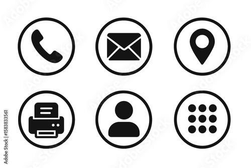 Contact us icons set. Web communication symbols. Vector glyph icons for website and mobile app UI design. Includes phone, mail, location, fax, user profile signs.