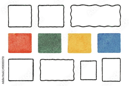 Set of hand-drawn doodle frames with grain texture. Collection of colorful drawn squares with wavy rough edges. Wavy irregular rectangles and different box shapes.