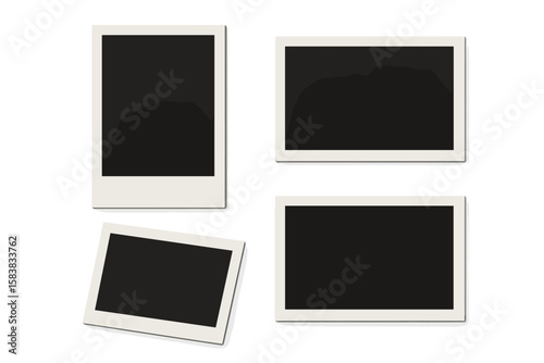 Set of realistic photo frames with shadow. Empty instant picture mockup template. Blank retro photo card for photography, collage, or scrapbooking. Vector illustration.