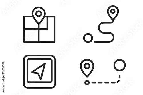 Set of 4 Linear Style Line Icons for Location, Route, Navigation, GPS, Map, Path, Destination, Address, and Distance – Outline Conceptual Icon Collection