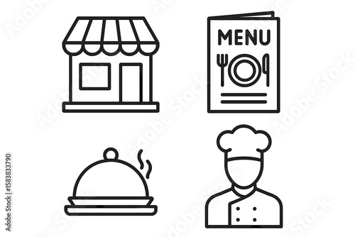 Restaurant and Food Service Line Icons Set – Chef, Menu, Restaurant Building, Serving Dish – Editable Outline Vector for Web, Infographics, Hospitality Branding, Culinary Concepts