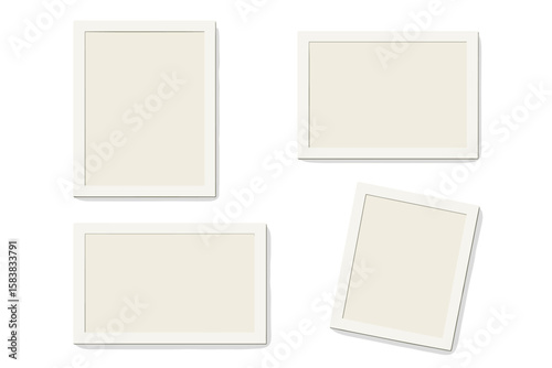 Realistic empty white photo frames with soft shadows. Set of blank picture frame mockups for wall gallery. Modern interior decoration vector template for posters or artwork display.