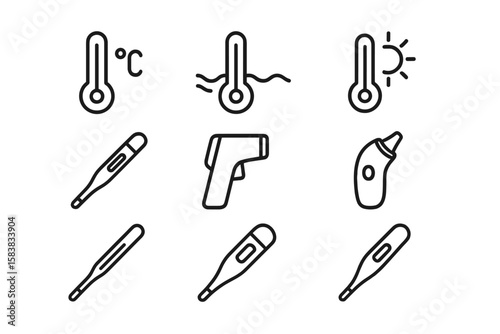 Temperature and Thermometer Line Icon Set. Water, Air, Body Temperature Measurement. Mercury, Digital, Infrared Thermometers. Oral, Rectal, Ear, Forehead, Medical, Clinical, Outline Icons.