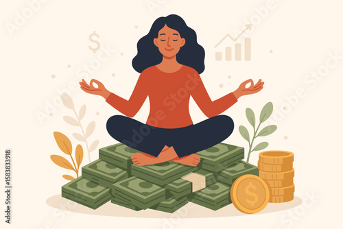 Financial Wellbeing, Money Management, Savings, Investment, Wealth Accumulation, Income Growth, Salary Success, Woman Meditating in Lotus Pose, Mindfulness and Prosperity Concept Illustration