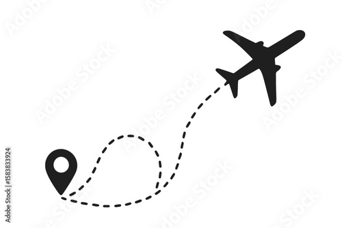 Airplane Flight Path with Location Pin and Dotted Line. Vector Illustration. Travel Route, Journey, Navigation, Aviation Concept. Isolated on Transparent Background. Modern Transport Icon.