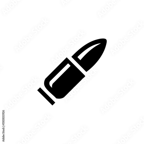 A minimalist black vector icon of a single bullet, symbolizing ammunition, firearms, or defense themes.
