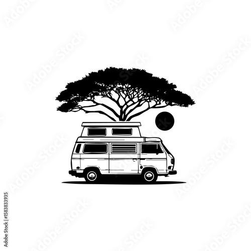 Vector icon of a camper van parked under a large tree canopy with sun, symbolizing adventure, road trips, and nature exploration.
