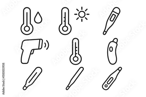 Temperature and Thermometer Line Icon Set. Mercury, Electronic, Infrared Thermometers. Oral, Rectal, Ear, Forehead, Water, Air Temperature Measurement. Medical and Weather Outline Icons.