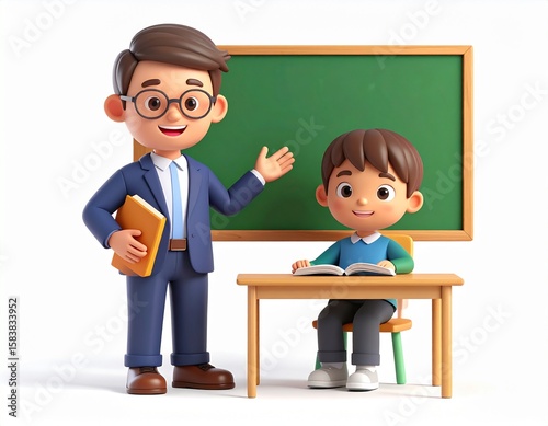 3D character art of a classroom scene with a smiling male teacher and a Student, back to school boy