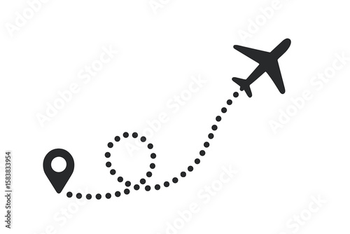 Airplane Flight Path with Location Pin and Dotted Line, Vector Illustration, Travel Route, Journey Concept, Isolated on Transparent Background, Aviation Navigation, Air Travel Icon