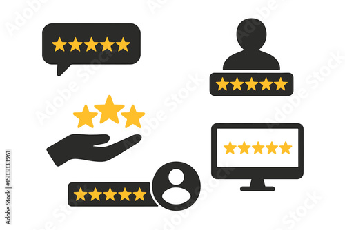 Five Star Customer Review Icons Set, User Rating Symbols, Client Satisfaction, Best Service Feedback, Quality Experience, Online Testimonial, Customer Loyalty, Business Reputation, Digital Evaluation