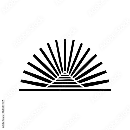 Bold black vector design of a sunrise or breakthrough light rays above a pyramid, symbolizing hope, clarity, or a spiritual awakening.

