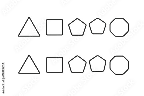 Versatile Geometric Shape Set with Rounded and Sharp Corners – Triangle, Square, Pentagon, Hexagon, Heptagon, Octagon – Clean Outline Vector and Transparent PNG for Design Projects
