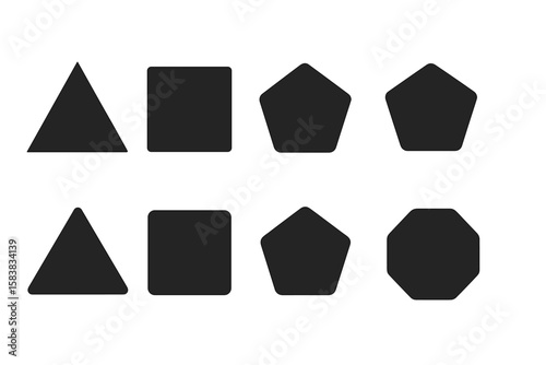 Geometric shapes set with rounded and sharp corners including triangle, square, pentagon, hexagon, heptagon, octagon, stars, transparent PNG and vector collection for design