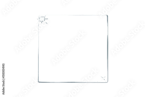 Transparent clear glass plate with glossy acrylic glare, sunlit plexiglass showcase frame, rectangular mirror effect, shiny plastic surface with light reflections and bright highlights