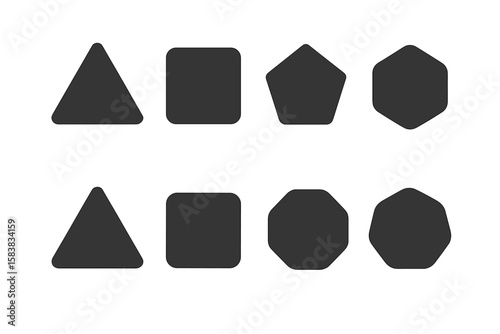 Geometric Shapes Collection with Rounded Corners – Triangle, Square, Pentagon, Hexagon, Heptagon, Octagon, Sharp and Soft Edge Variations, Minimalist Vector and Transparent PNG Set