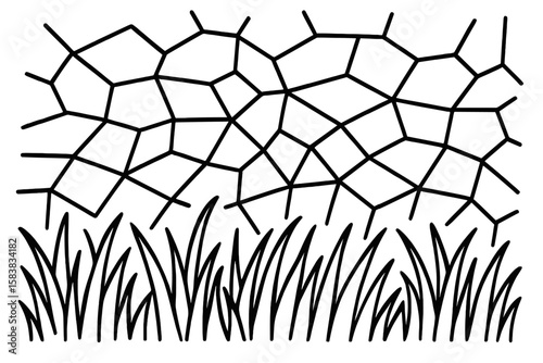Detailed green grass texture on ground, drawing background, line mosaic pattern, abstract landscape design, natural organic lawn vector illustration