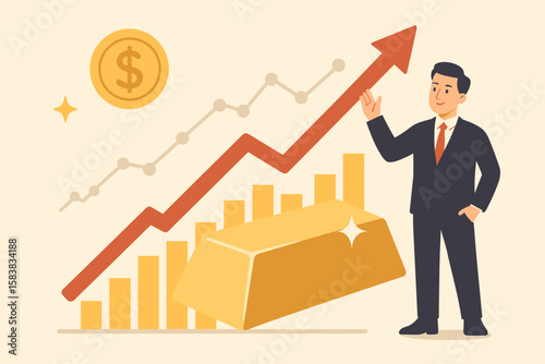 Gold investment concept with gold ingots and bullion rising price increase, financial growth, profit trading, businessman investor holding gold bars for wealth and value gain illustration