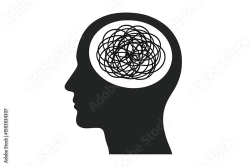 Metaphor for anxiety, stress, and mental disorder. Human head silhouette with a tangled chaotic knot inside. Psychology, confusion, and depression concept vector illustration.