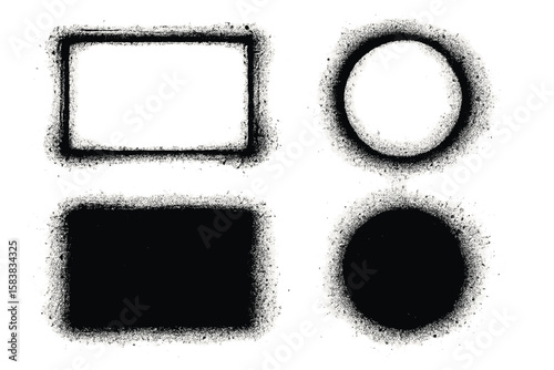 Grunge Spray Stencil Frames Collection—Rectangular and Circular Grunge Borders, Dirty Splatter Texture, Painted Streaks, Urban Graffiti Art, Abstract Black and White Stencil Shapes