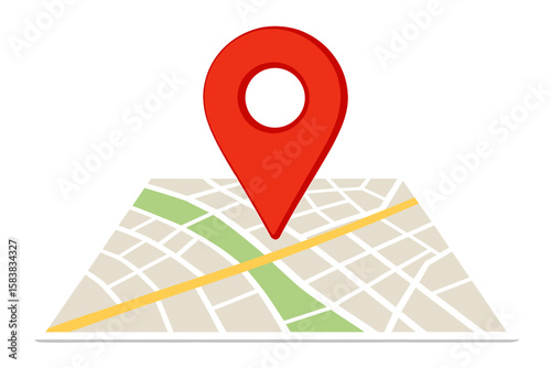 City map with a big red pin pointer marking a location. GPS navigation technology concept for finding a destination, address, or route. Travel, tourism, and local search.