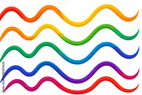Set of colorful wavy lines. Abstract 3D flowing wave. Rainbow gradient squiggle. Dynamic liquid shapes. Graphic decorative design element. Vector illustration isolated.