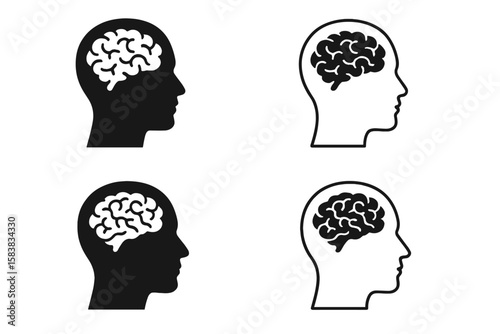 Human Head Silhouette with Brain Icon Set – Mental Health, Psychology, Neuroscience Concept, Black and White Vector Illustration, Transparent Background, Cognitive Science, Medical Symbol