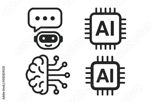 AI technology icon set. Chatbot assistant, chip sign, and neural network brain. Artificial intelligence, machine learning, and data processing vector illustration.