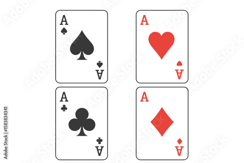 Four aces playing cards vector set isolated. Poker hand of all aces. Concept of winning, luck, gambling, casino games. Hearts, diamonds, clubs, spades suits symbols icons.