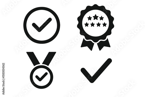 Approval check icon, quality sign set, and award medal. Certified and approved symbols. Guarantee and warranty badge. Top premium standard vector illustration. Best choice.