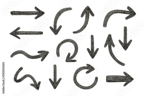 Hand Drawn Arrow Set. Sketch Pencil Texture Line Scribble Arrow Icons. Rough Hand Sketch Style Arrows. Crayon, Brush, Doodle, Chalk Line Stroke Collection for Direction and Navigation Concepts
