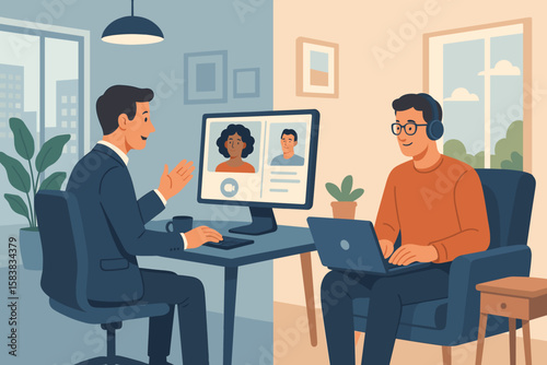 Hybrid Work Concept: Employee Choice Between Remote Work from Home or Office, Flexible Workplace for Productivity, Businessman in Virtual Conference, Modern Work Environment