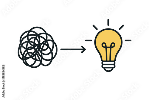 Creative Problem Solving Concept – Abstract Tangle to Lightbulb Idea, Simplifying Complex Process, Innovation, Solution Metaphor, Untangling Problems, Modern Vector Illustration, Transparent PNG