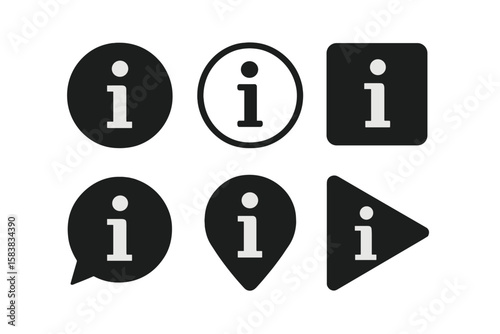Modern Information Icon Set – Black Info Buttons, Circular, Square, Speech Bubble, Pointer, and Play Shapes – Flat Style Vector Illustration, Transparent PNG Elements for UI and Web Design