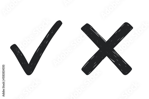 Hand Drawn Check Mark and Cross Icon Set. Vector Illustration of Tick and X Symbols for Correct and Incorrect, Yes and No, Approval and Rejection. Doodle Style Isolated on White Background.