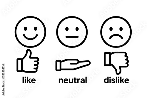 Like Neutral Dislike Feedback Icons. Smiley Face, Neutral Face, Sad Face with Thumbs Up, Sideways Hand, Thumbs Down. Customer Satisfaction Survey, User Experience Rating, Simple Line Vector Set