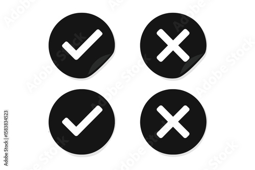 Check mark and cross sticker vector set. Yes no vote symbol collection. Approve reject sign. Right wrong button. Accept decline adhesive label with peeled corner effect.