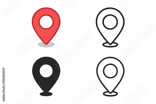 Location pin marker icon set in colorful editable stroke, outline and solid styles, navigation and mapping symbols for GPS, geolocation, direction, travel, and digital maps